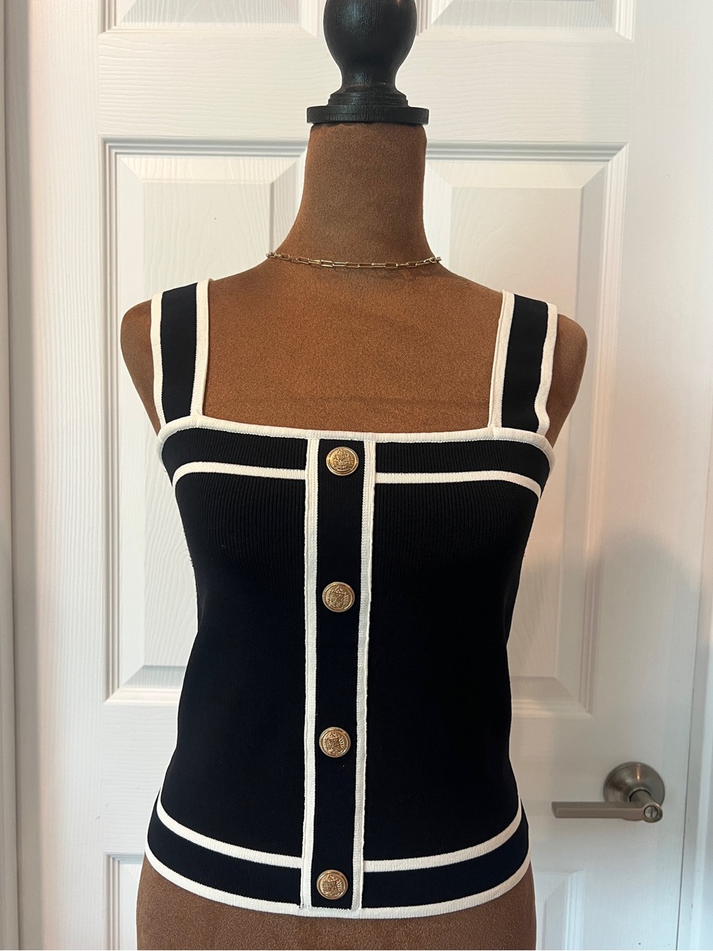 Bailey 44 Black Knit Camisole with Cream Trim and Gold Buttons
